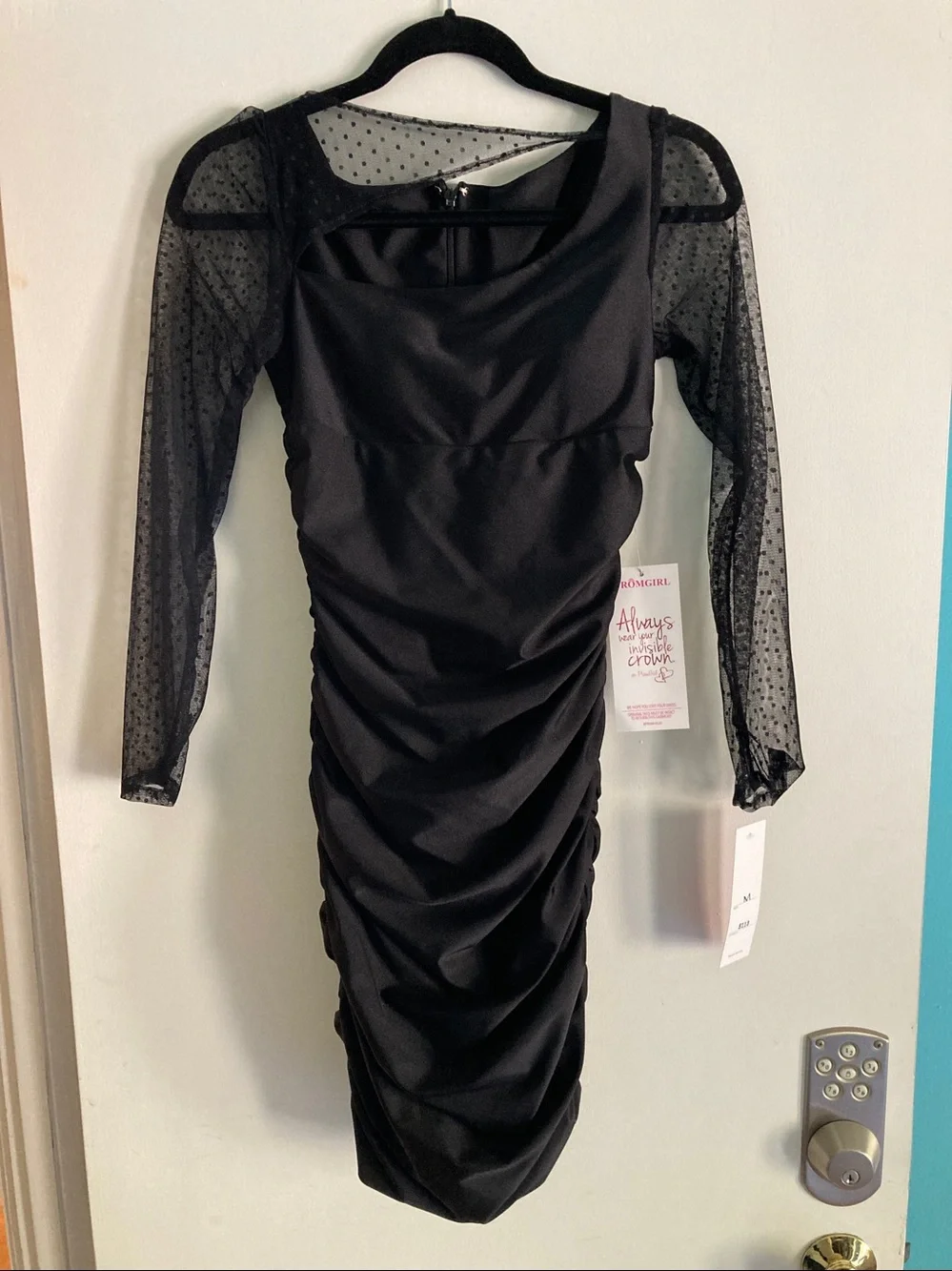 VINTAGE Deadstock NWT Atria Black Ruched Mesh Illusion Bodycon Prom Mini Dress M